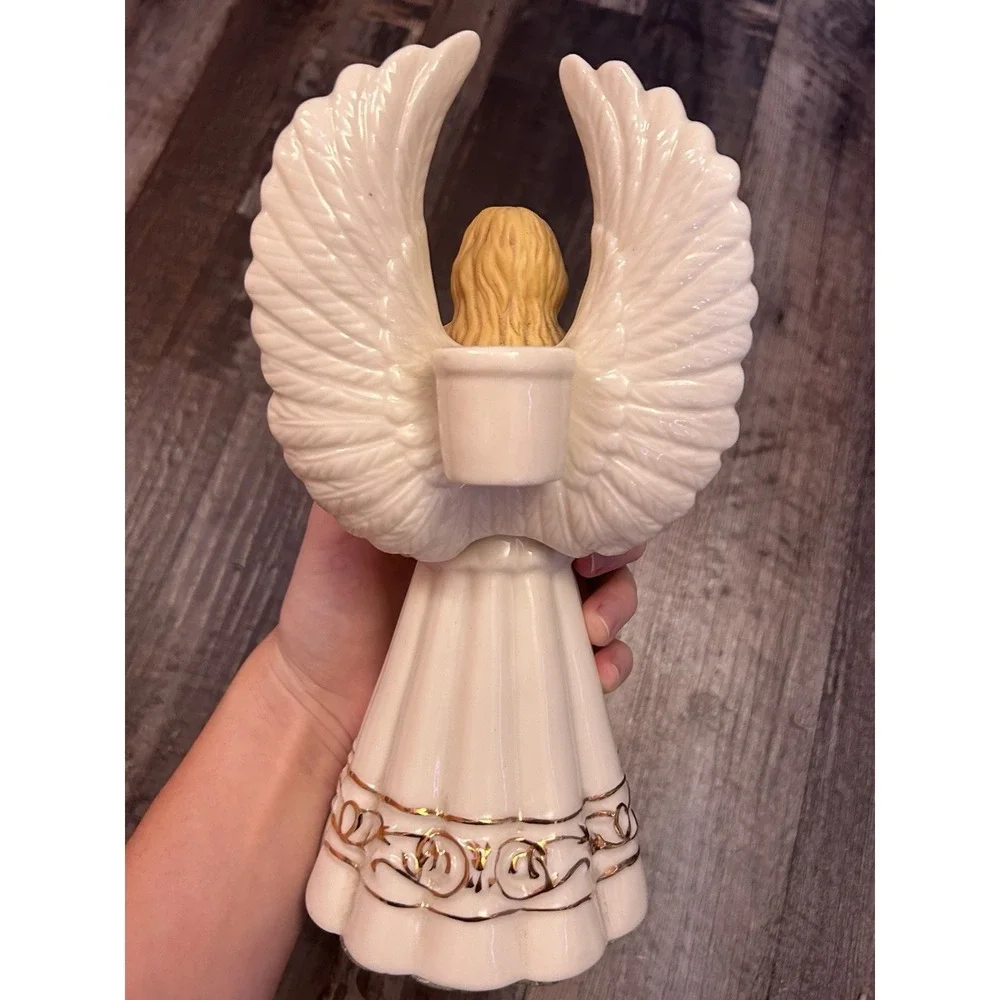 Hand Painted Glazed Ceramic Angel Candle Holder, White/Gold, Taper